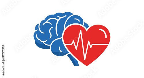 A minimalist flat vector illustration displays a solid blue human brain paired with a bright red heart containing a white pulse line on a white background.