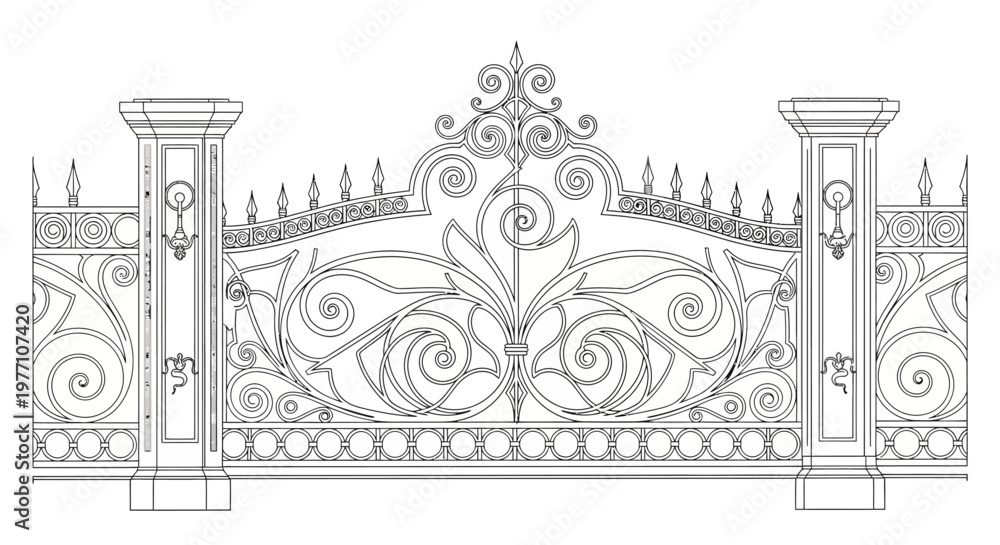 Fototapeta premium Ornate Wrought Iron Gate with Decorative Spikes and Scrollwork Line Drawing Isolated on White Background
