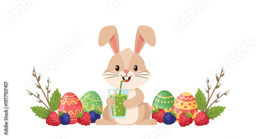 A cute tan cartoon bunny sits happily while drinking a healthy green smoothie through a straw surrounded by decorated Easter eggs and fresh berries.