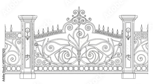 Ornate Wrought Iron Gate with Decorative Spikes and Scrollwork Line Drawing Isolated on White Background