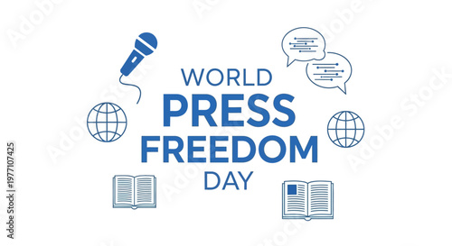 World Press Freedom Day minimalist design with microphone, speech bubbles, globe icons, and open books on an isolated white background.
