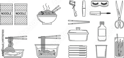 Hand Drawn Noodle Meal and Beauty Essentials Vector Set with Instant Ramen Bowls Chopsticks Makeup Tools Eyelashes and Cosmetic Accessories