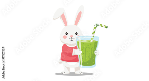 A cheerful white cartoon rabbit wearing a bright red sweater holds a large glass of vibrant green juice with a green and white striped straw on white.