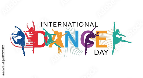 International Dance Day greeting with multiple stylized dancers in red and green, elegant musical notes on an isolated white background.