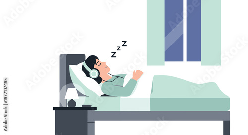 A peaceful individual rests comfortably in a teal bed wearing large headphones while floating letter Z symbols indicate deep slumber during the night.