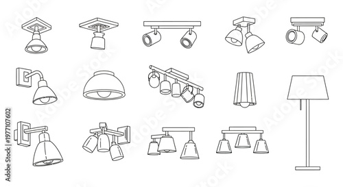 Set of Indoor and Outdoor Lighting Fixtures Line Drawing Collection Isolated on White Background