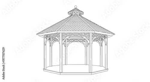 Classic Garden Gazebo Pavilion Architectural Line Drawing Isolated on White Background