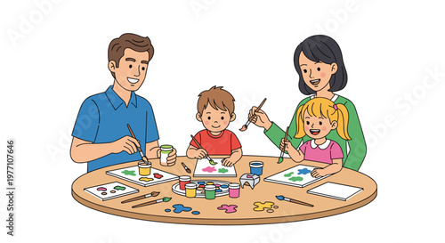 A smiling family gathers around a circular wooden table to practice painting with jars of liquid pigment and various artistic brushes in their cozy home.