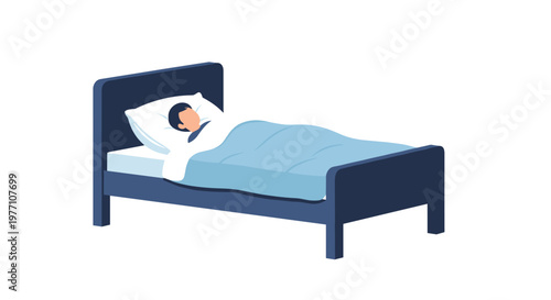 A simplified illustration depicts a person sleeping soundly in a sturdy dark blue wooden bed with a soft light blue duvet and white pillow on a plain backdrop.