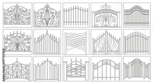 Decorative Gates Collection Vintage Iron Fence Entrance Designs Line Art Set
