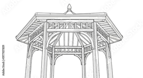 Architectural Line Drawing of Wooden Gazebo Pavilion Isolated on White Background