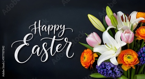 Happy Easter calligraphy text with beautiful spring lilies and colorful floral bouquet