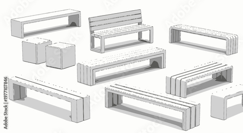 Modern Minimalist Shelving Units and Display Racks Set Isometric Line Art Illustration