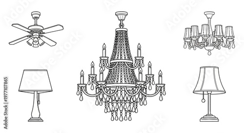 Chandelier Ceiling Fan and Table Lamps Line Art Lighting Fixtures Set Illustration