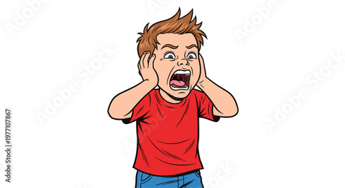 A distressed young boy with messy brown hair and a vibrant red shirt screams loudly while pressing his hands firmly against his ears in frustration.