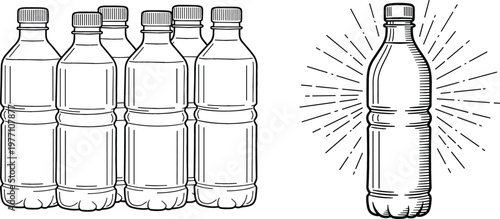 Hand Drawn Plastic Water Bottle Vector Set with Multiple Beverage Containers Single Highlighted Bottle and Packaging Mockup Design Elements