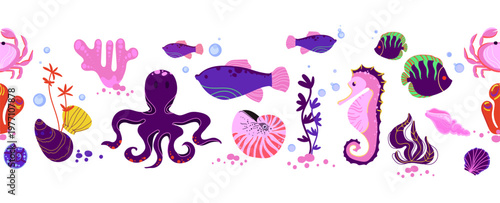 Seamless ocean border with cute colorful sea animals including fish octopus seahorse shells and coral in playful style for kids design textiles packaging wrapping paper and decorative borders.Vector