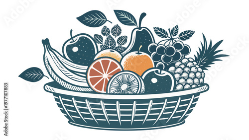 Fresh fruit basket icon with assorted colorful fruits and leaves on white background for healthy lifestyle and nutrition concepts