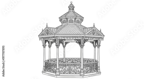 Ornate Victorian Gazebo Pavilion Line Art Illustration Isolated on White