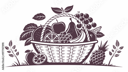 Fresh fruit basket with various fruits and leaves on white background healthy lifestyle icon