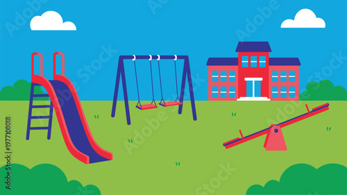 Colorful School Playground with Slide Swing and Seesaw Illustration