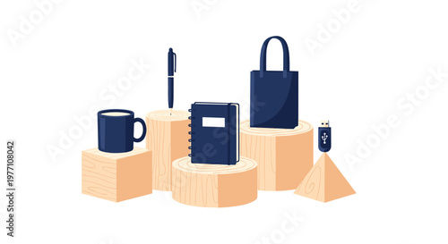 Professional dark blue corporate branding items including a mug notebook and tote bag are elegantly displayed on various light-toned wooden geometric pedestals.