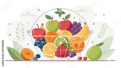Colorful fruit basket with various fruits and leaves on a white background for healthy nutrition concepts