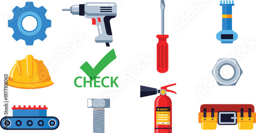 Construction and Maintenance Tools Vector Icons Set Featuring Gear, Drill, Fire Extinguisher, Hard Hat, and Safety Symbols for Industrial Applications.