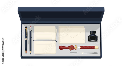 An exquisite luxury writing set featuring a classic fountain pen ink bottle and wax seal stamp is organized within a sophisticated dark blue gift box.