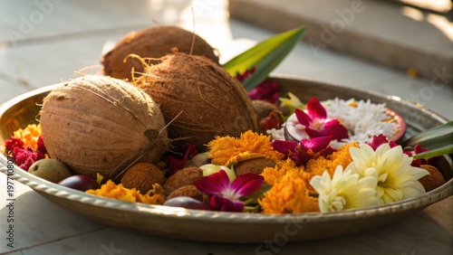 Indian temple food offering with coconuts and colorful flowers on brass plate creating vibrant and spiritual atmosphere