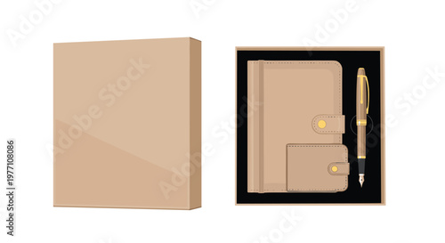A premium tan leather notebook and matching gold-trimmed fountain pen are presented in a sleek black-lined gift box alongside a sturdy cardboard sleeve.