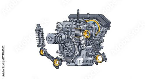 A complex mechanical cutaway of an internal combustion engine displays intricate internal components for technical engineering study with yellow accents.