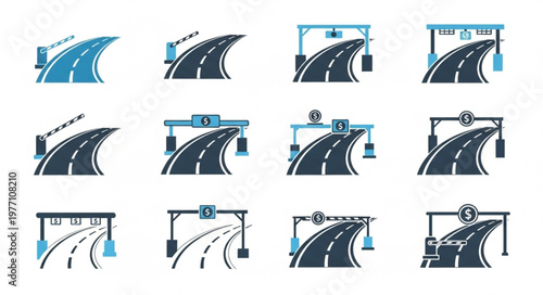Collection of Highway Road Icons with Toll Booths and Signs.