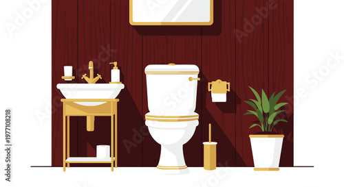 A classic traditional bathroom arrangement features a white ceramic toilet and pedestal sink against dark reddish wood paneling in a warm indoor setting.