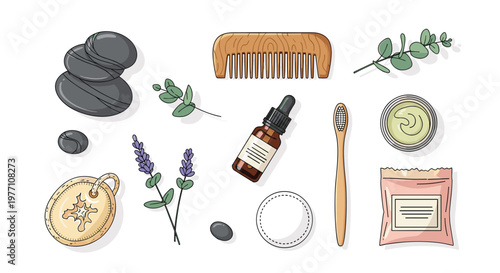 A diverse flat lay collection of natural self-care items includes smooth black massage stones and a wooden comb in a wellness studio with even lighting.