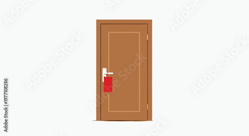 A minimalist brown wooden door stands centered against a pristine white background while a vibrant red rectangular tag hangs from the silver metal handle.