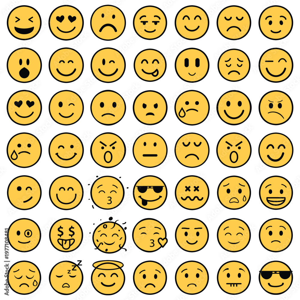 Fototapeta premium Collection of various yellow emoticon faces on white background 