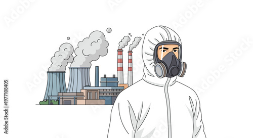 A detailed close-up portrait of a person wearing a full white hazmat suit and a professional respirator mask stands before smoking industrial chimneys.