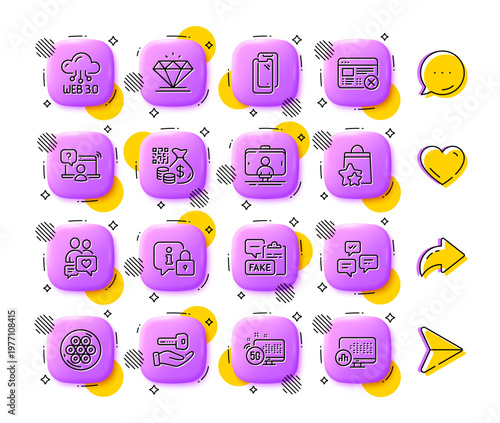 Diamond, Smartphone glass and Reject web line icons. App 3d buttons. Social media comment, share, like icons. Pack of Selfie stick, Web3, Chat messages icon. Vector