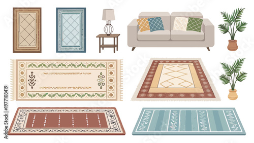 Vector bundle of stylish home decor floor mats and furniture icons for interior design