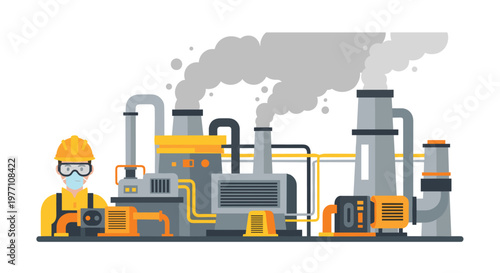 An intricate industrial plant illustration features a worker wearing yellow safety gear and a blue face mask positioned in front of complex grey machinery.