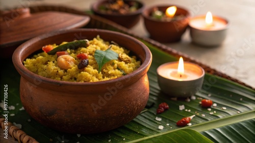 Indian food served in traditional clay pot with spices and herbs on banana leaf near lit candles creating warm temple atmosphere