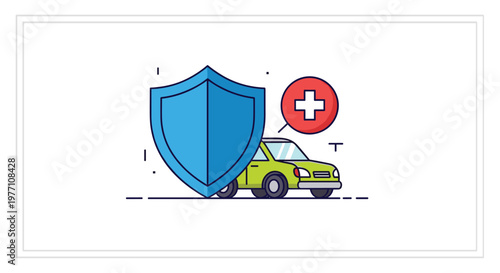 A compact lime green passenger car sits securely behind a large protective blue shield accompanied by a bright red medical cross emergency assistance icon.