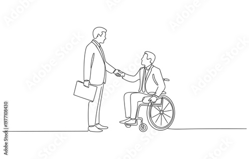 Business handshake between a man in a wheelchair and standing businessman with handshake business agreement partnership wheelchair disability inclusion diversity collaboration professional