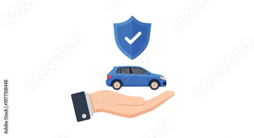 A pale human hand gently cradles a sleek blue modern car beneath a floating blue security shield featuring a prominent white validation checkmark symbol.
