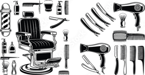 Professional Barber Shop Interior Tools Vector Set with Salon Chair Hair Dryers Razors Brushes Combs and Grooming Equipment Icons