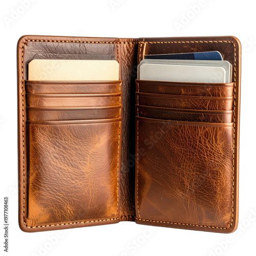 A classic distressed brown leather bi-fold wallet displayed open, revealing multiple card slots with various cards inside on a dark background.