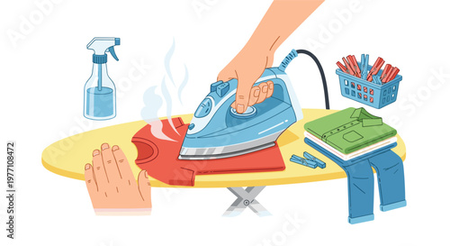 A detailed close-up shot captures a human hand pressing a blue steam iron onto a red cotton t-shirt on a bright yellow padded domestic ironing board surface.