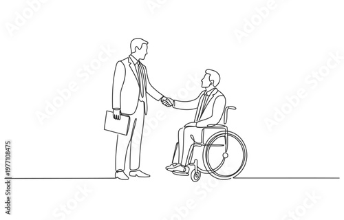 Business handshake between a man in a wheelchair and standing businessman with handshake business agreement partnership wheelchair disability inclusion diversity collaboration professional