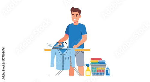 A cheerful young man wearing a vibrant blue shirt meticulously irons a crisp light blue collared garment on a yellow board beside a full laundry basket.